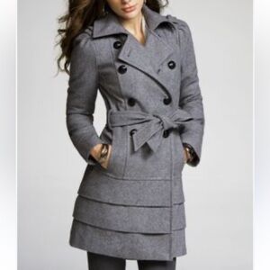 EXPRESS Gray Wool Double Breasted Belted Ruffled Skirt Peacoat XS